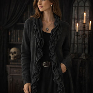 Bellini Charcoal Gray Ruffle Open Front Knit Cardigan Cozy Quiet Luxury M